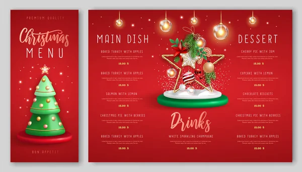 Рождественский Праздник Ресторан Меню Дизайн Реалистичной Пластиковой Елки Новым Годом — стоковый вектор
