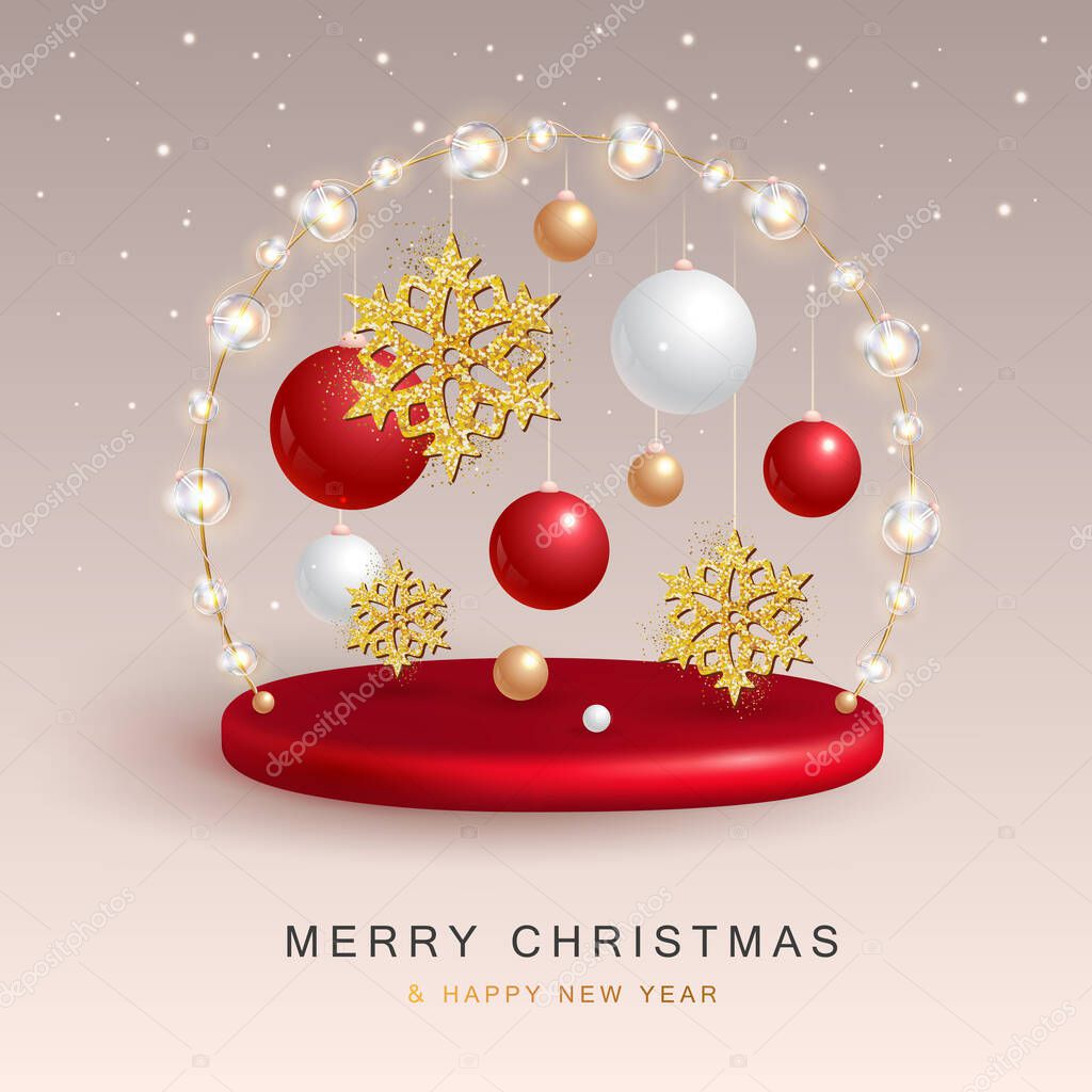 Christmas holiday background with realistic 3D plastic decorations. Merry Christmas and Happy new Year greeting card. Vector illustration