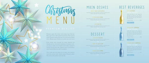 圣诞假日餐厅菜单设计与3D圣诞明星和香槟酒瓶 矢量说明 — 图库矢量图片