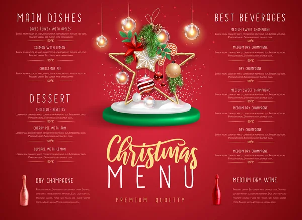 Χριστουγεννιάτικη Διακόσμηση Μενού Εστιατόριο Διακοπών Χριστουγεννιάτικη Διακόσμηση Και Μπουκάλια Σαμπάνιας — Διανυσματικό Αρχείο