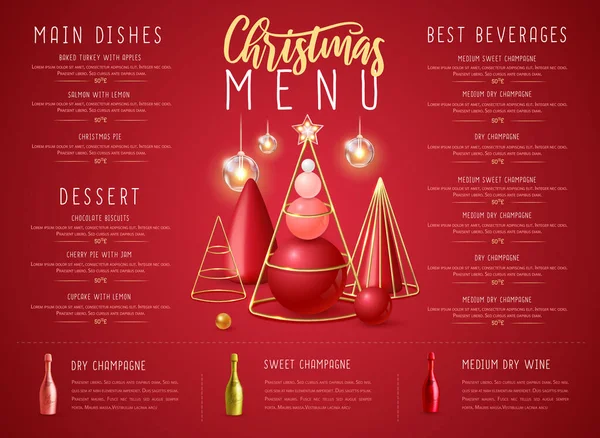 Χριστουγεννιάτικο Εστιατόριο Σχεδιασμό Μενού Ρεαλιστικά Πλαστικά Χριστουγεννιάτικα Δέντρα Και Μπουκάλια — Διανυσματικό Αρχείο