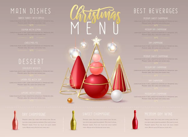 Kerstvakantie Restaurant Menu Ontwerp Met Realistische Plastic Kerstbomen Champagne Flessen — Stockvector
