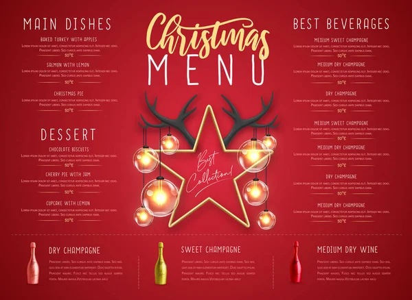 Weihnachten Urlaub Restaurant Menü Design Mit Stern Mit Hörnern Und — Stockvektor