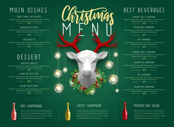 Χριστουγεννιάτικο Εστιατόριο Σχεδιασμό Μενού Κεφάλι Ελαφιού Χαρτί Και Σαμπάνια Μπουκάλι — Διανυσματικό Αρχείο