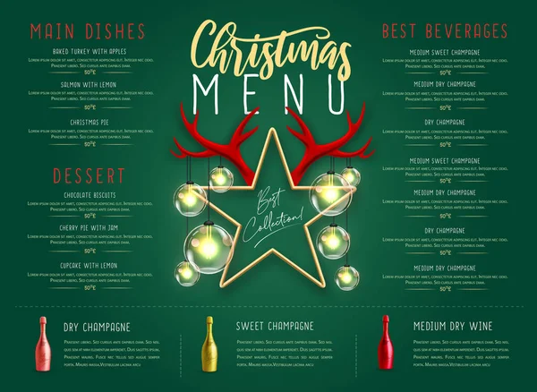 Χριστουγεννιάτικο Εστιατόριο Σχεδιασμό Μενού Αστέρι Κέρατα Και Μπουκάλι Σαμπάνια Εικονογράφηση — Διανυσματικό Αρχείο