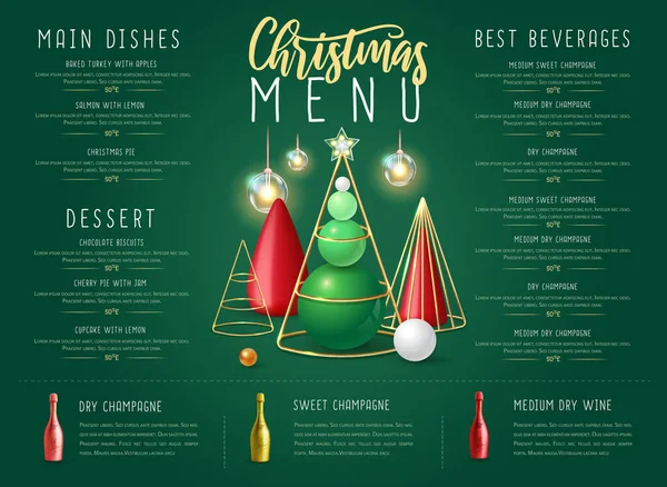 Weihnachtliches Restaurantmenü Mit Realistischen Weihnachtsbäumen Aus Kunststoff Und Champagnerflaschen Vektorillustration — Stockvektor