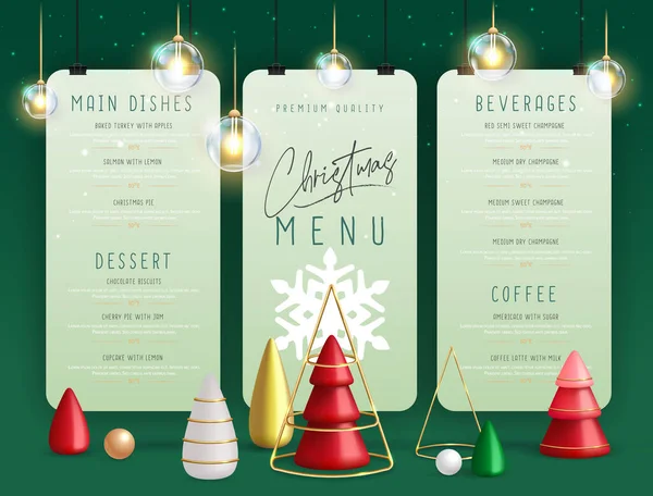 Weihnachtliches Restaurantmenü Mit Realistischen Weihnachtsbäumen Aus Kunststoff Vektorillustration — Stockvektor