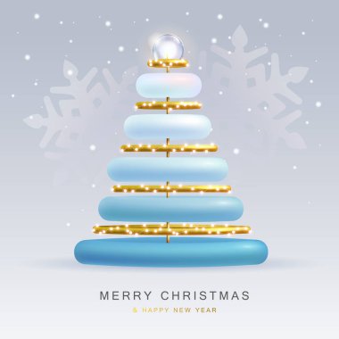 Gerçekçi 3 boyutlu plastik Noel ağacıyla Noel tatili geçmişi. Mutlu Noeller ve mutlu yıllar tebrik kartı. Vektör illüstrasyonu