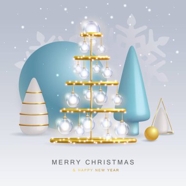 Christmas holiday background with realistic 3D plastic Christmas trees. Merry Christmas and Happy new Year greeting card. Vector illustration