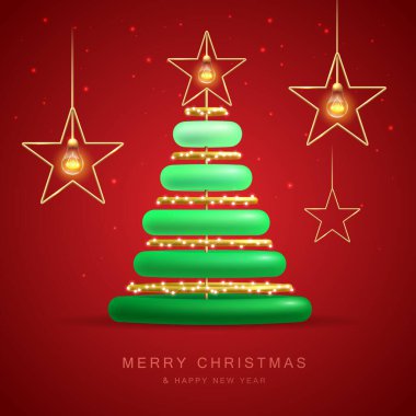 Gerçekçi 3 boyutlu plastik Noel ağacıyla Noel tatili geçmişi. Mutlu Noeller ve mutlu yıllar tebrik kartı. Vektör illüstrasyonu