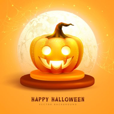 Dolunaylı 3 boyutlu gerçekçi Cadılar Bayramı balkabağı. Cadılar bayramı geçmişi. Vektör illüstrasyonu