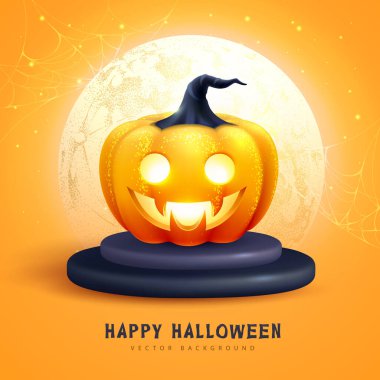 Dolunaylı 3 boyutlu gerçekçi Cadılar Bayramı balkabağı. Cadılar bayramı geçmişi. Vektör illüstrasyonu