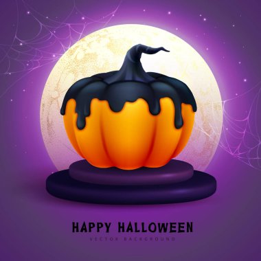 Dolunaylı 3 boyutlu gerçekçi Cadılar Bayramı balkabağı. Cadılar bayramı geçmişi. Vektör illüstrasyonu