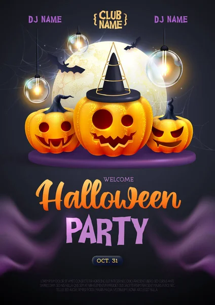 Halloween Vakantie Disco Party Poster Met Realistische Halloween Pompoenen Vectorillustratie — Stockvector