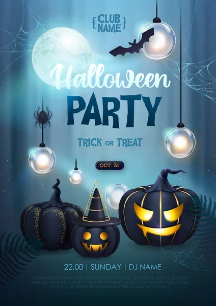 Halloween Sváteční Diskotéka Plakát Realistickými Halloween Dýně Úplněk Vektorová Ilustrace — Stockový vektor