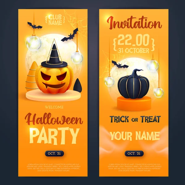Halloween holiday disco party poster with realistic 3D halloween pumpkins. Invitation design. Vector illustration