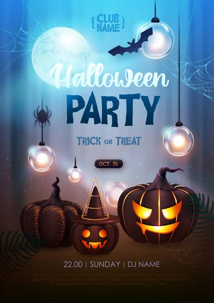Halloween Holiday Disco Party Poster Realistic Halloween Pumpkins Full Moon — Stock Vector