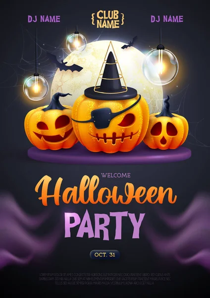 Halloween Wakacje Disco Party Plakat Realistycznym Halloween Dynie Ilustracja Wektora — Wektor stockowy
