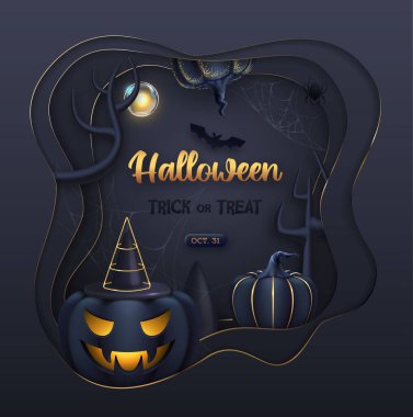 Cadılar Bayramı arkaplanında 3 boyutlu Cadılar Bayramı balkabakları ve dolunay var. Vektör illüstrasyonu