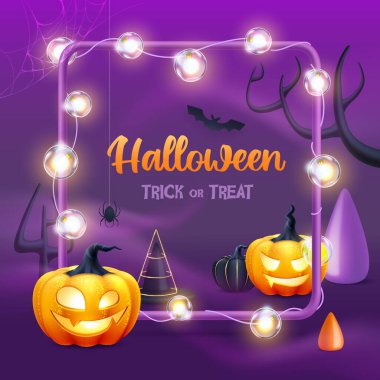 Cadılar Bayramı arkaplanında 3 boyutlu gerçek Cadılar Bayramı balkabakları var. Vektör illüstrasyonu