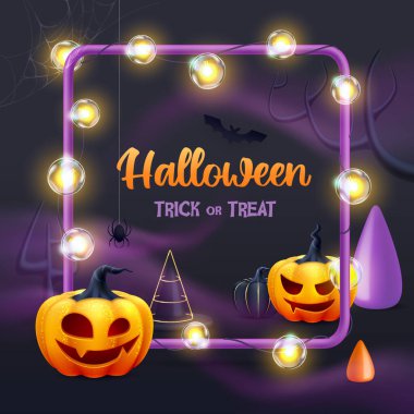 Cadılar Bayramı arkaplanında 3 boyutlu gerçek Cadılar Bayramı balkabakları var. Vektör illüstrasyonu