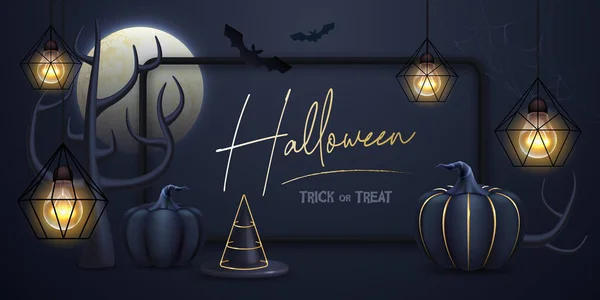 Halloween holiday background with realistic 3D halloween pumpkins and full moon. Vector illustration