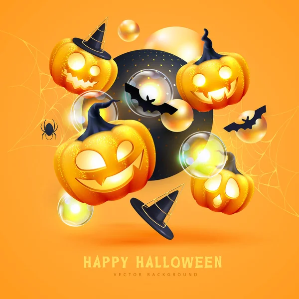 Halloween holiday background with realistic 3D halloween pumpkins. Vector illustration