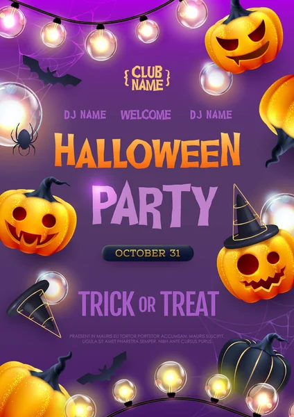 Halloween Holiday Disco Party Poster Realistic Halloween Pumpkins Vector Illustration — Stock Vector