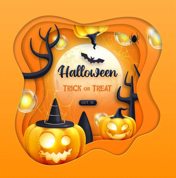 Halloween holiday background with realistic 3D halloween pumpkins and full moon. Vector illustration