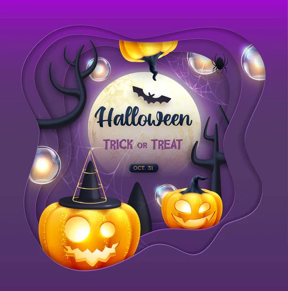 Halloween holiday background with realistic 3D halloween pumpkins and full moon. Vector illustration