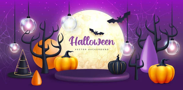 Halloween holiday background with realistic 3D halloween pumpkins and full moon. Vector illustration