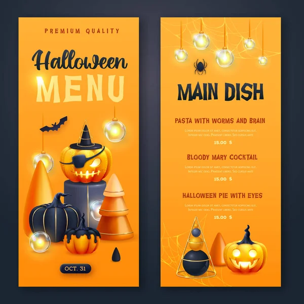 Design Del Menu Vacanze Halloween Con Zucche Halloween Realistiche Illustrazione — Vettoriale Stock