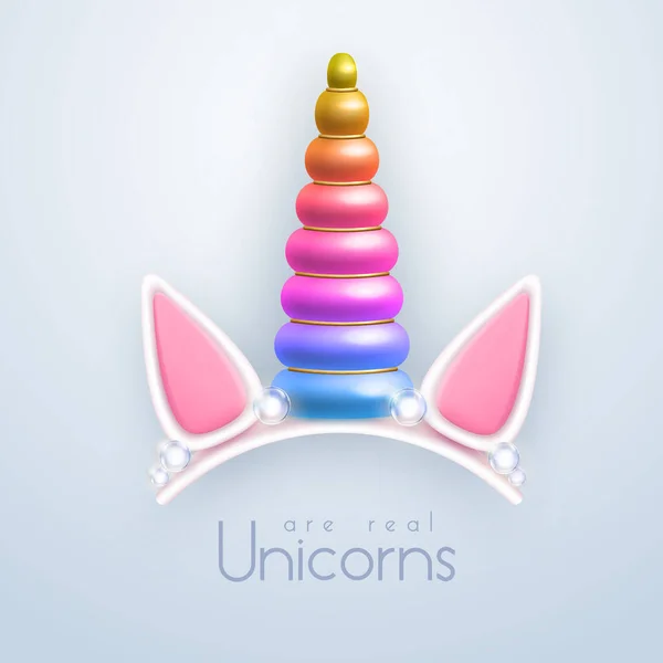 Corno Unicorno Arcobaleno Realistico Isolato Sfondo Bianco Decorazione Testa Bambini — Vettoriale Stock