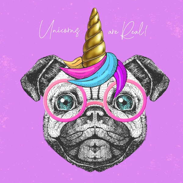 Handrawing animal dog wearing cute glasses with unicorn horn. T-shirt graphic print. Vector illustration