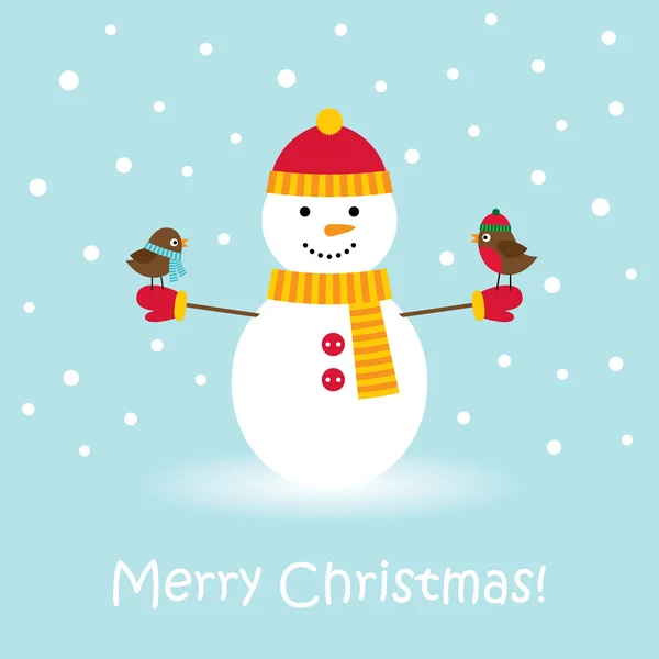Navidad muñeco de nieve y aves tarjeta — Vector de stock