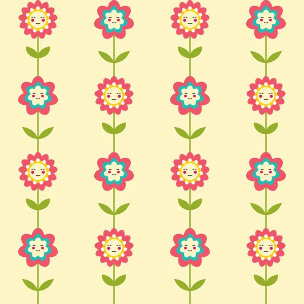 Cute seamless pattern with smiling flowers — Stock Vector