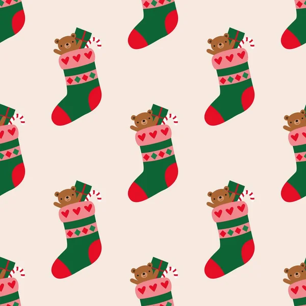 Christmas stockings with gifts, vector seamless pattern — Stock Vector