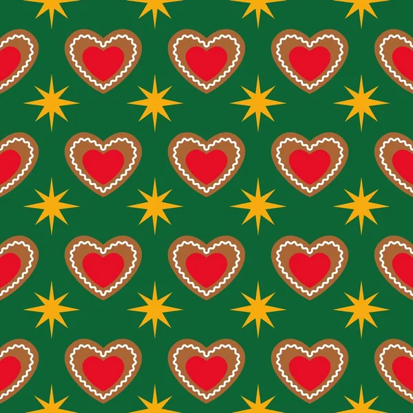 Seamless vector Christmas pattern with gingerbread hearts Stock Vector