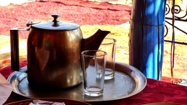 Teapot Two Glasses Tray Merzouga Desert Marocco Africa — Stock Photo, Image