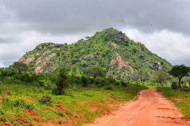 Savanada kırmızı yol Tsavo Doğu, Kenya, Afrika