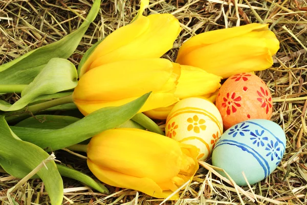 Easter eggs and tulips on hay — Stock Photo, Image