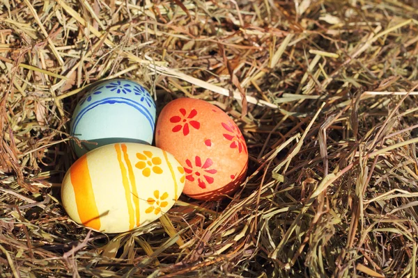 Пасхальные яйца на сене — стоковое фото