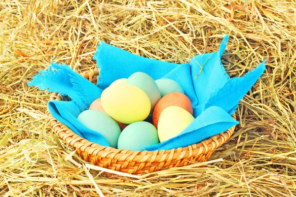 Корзина пасхальных яиц на сене — стоковое фото