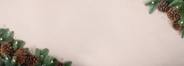 Noel kartı afişi arkaplanı asil köknar ağacı dalları ve çam kozalakları metin için kopyalama alanı olan sınır çerçevesi