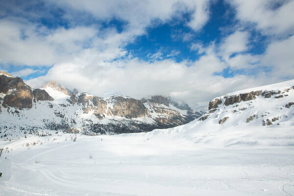 Dolomites Dolomiti Italy in wintertime beautiful alps winter mountains and ski slope Cortina d'Ampezzo Col Gallina mountain peaks famous landscape skiing resort area