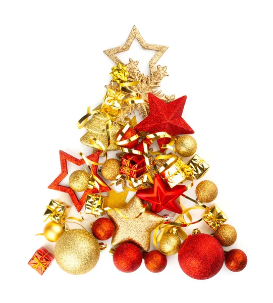 Composição Natal Conceitual Abeto Decorações Vermelhas Douradas Presentes Isolados Fundo — Fotografia de Stock