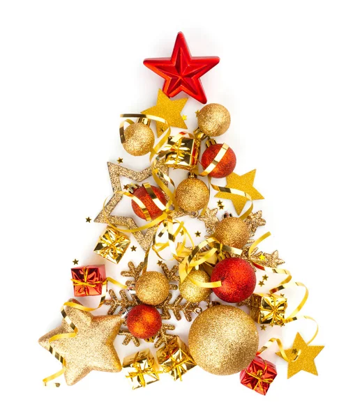 Composição Natal Conceitual Abeto Decorações Vermelhas Douradas Presentes Isolados Fundo — Fotografia de Stock
