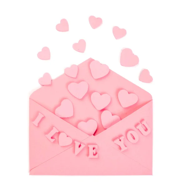 Ροζ Ερωτικό Γράμμα Και Ξύλινες Ζωγραφισμένες Καρδιές Και Αγαπώ Γράμματα — Φωτογραφία Αρχείου