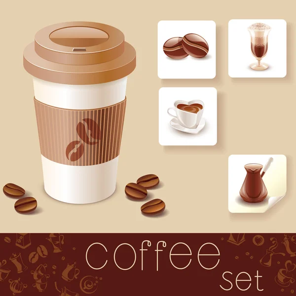 Xícara de café com adesivos —  Vetores de Stock