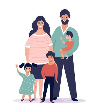 Gülümseyen anne, baba, iki kardeş ve kız kardeşle birlikte mutlu bir aile portresi. Neşeli anne, baba ve çocuklar.
